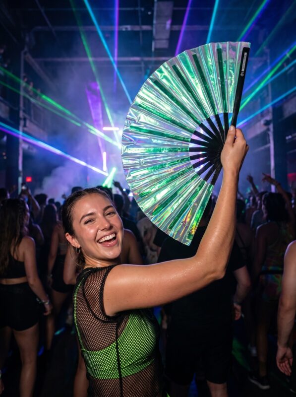 Festival-Fächer Holografisch Grün – irisierendes Rave Accessoire