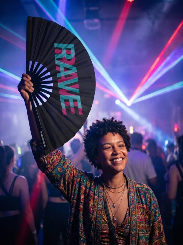 Festival-Fächer „RAVE“ Schwarz Teal-Pink – Techno & Rave Accessoire