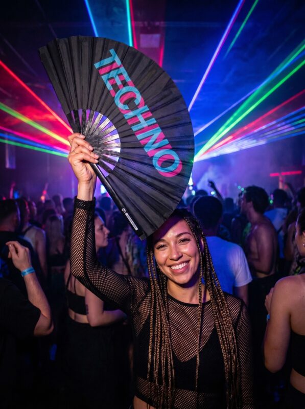 Festival-Fächer „TECHNO“ Schwarz Teal-Pink – Techno & Rave